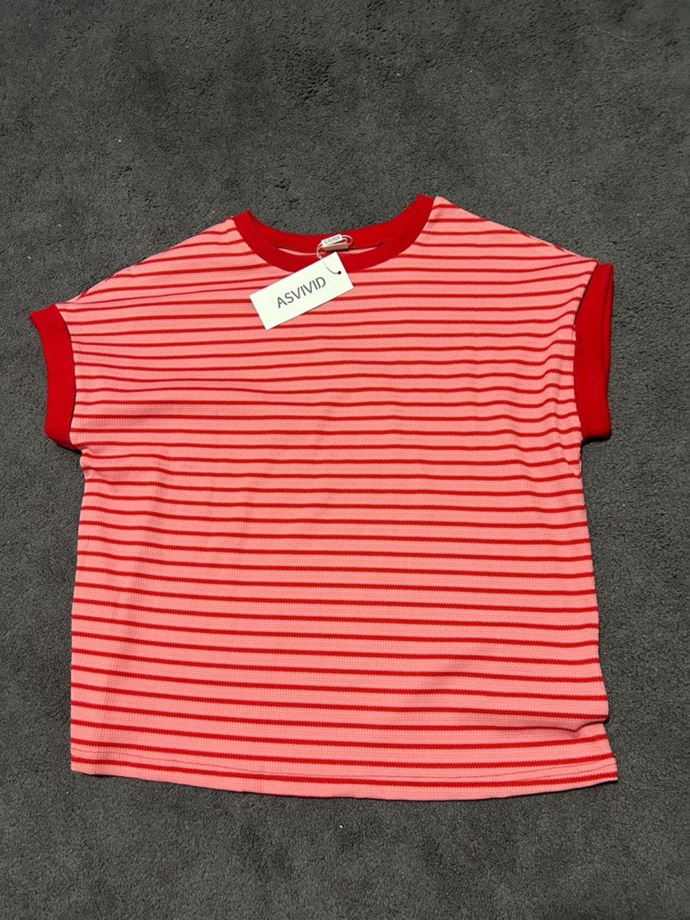ASVIVID Red and Pink Striped Short Sleeve Crew Tee